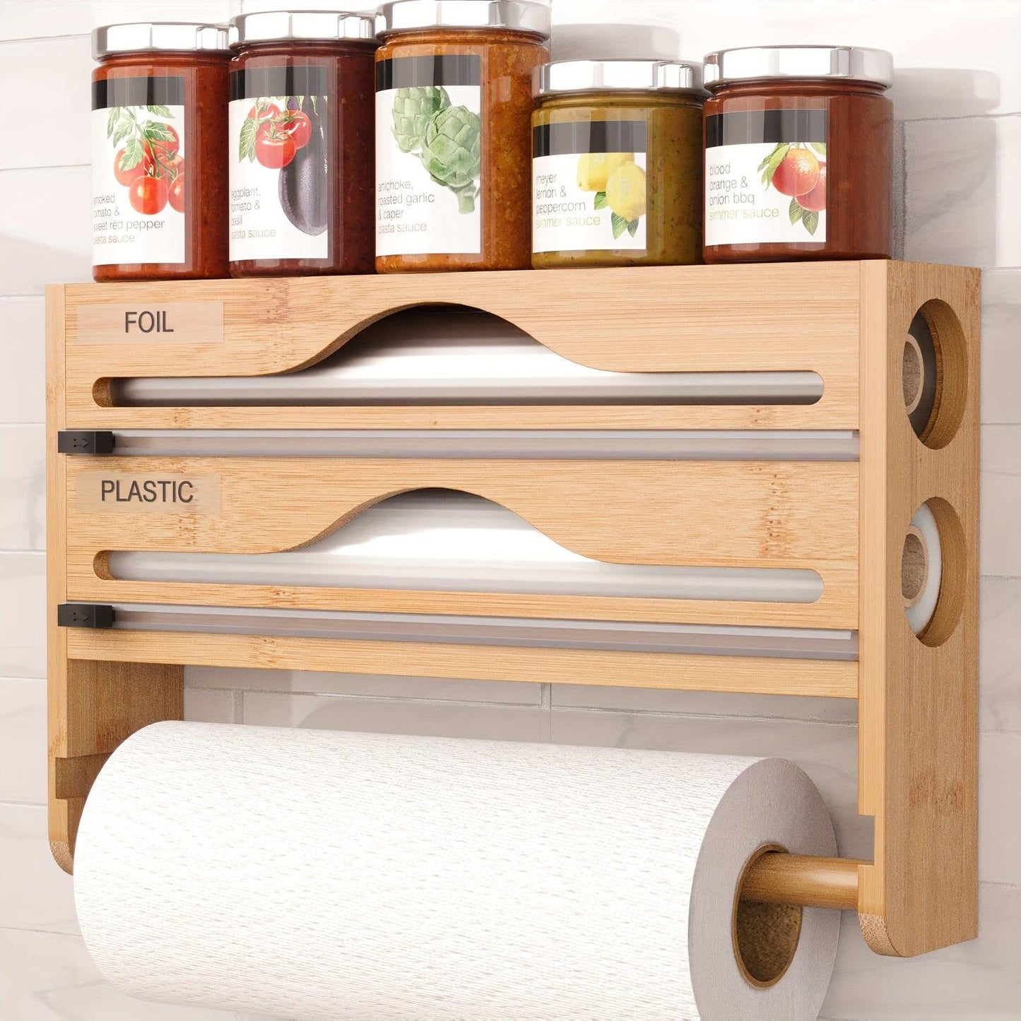 1pc Bamboo Kitchen Wrap Organizer - 4-in-1 Wall Mount Storage for - The Higher Flower