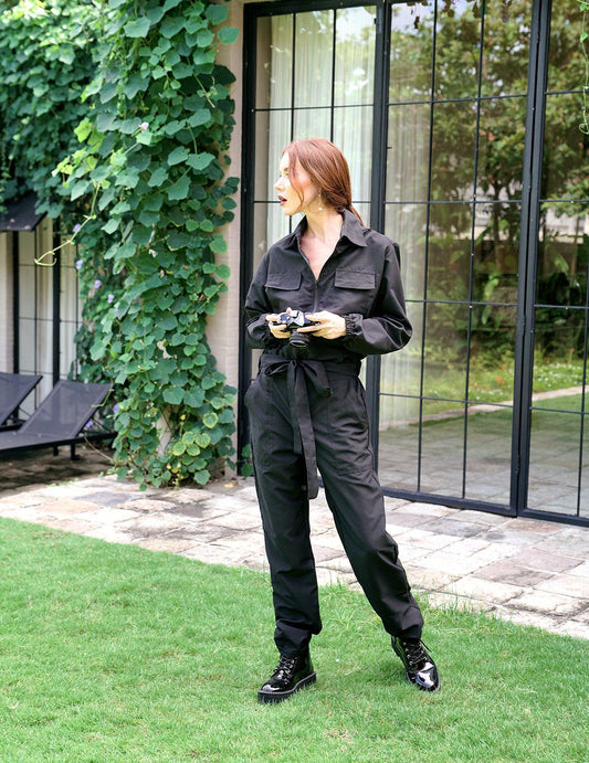 AMELIA Recycled Travel Jumpsuit in Black - The Higher Flower