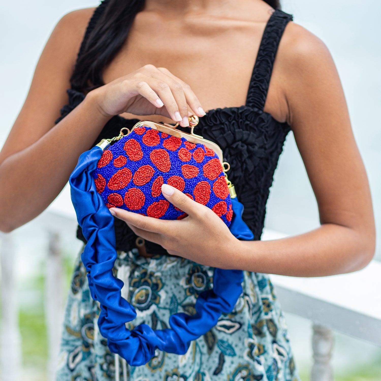 ARNOLDI Mandy Hand-beaded Clutch, in Savoy Blue & Red - The Higher Flower