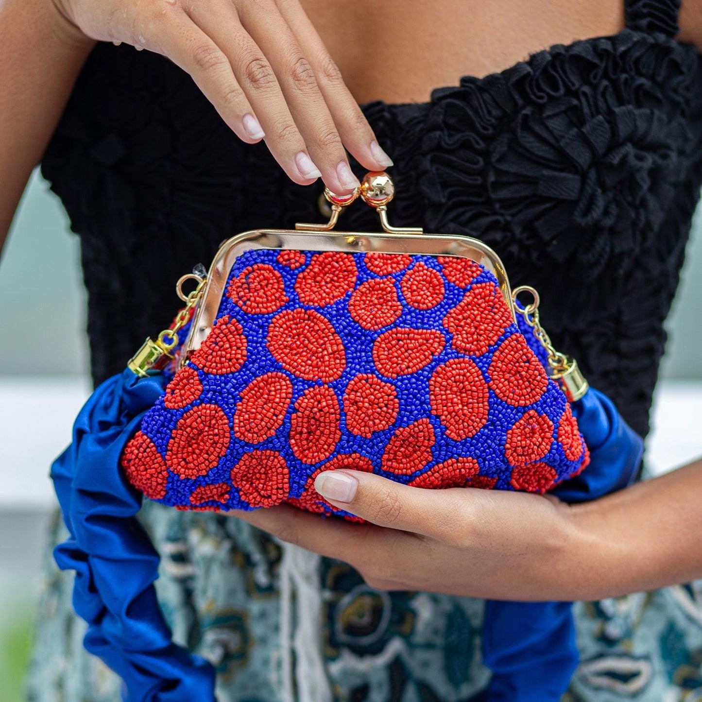 ARNOLDI Mandy Hand-beaded Clutch, in Savoy Blue & Red - The Higher Flower