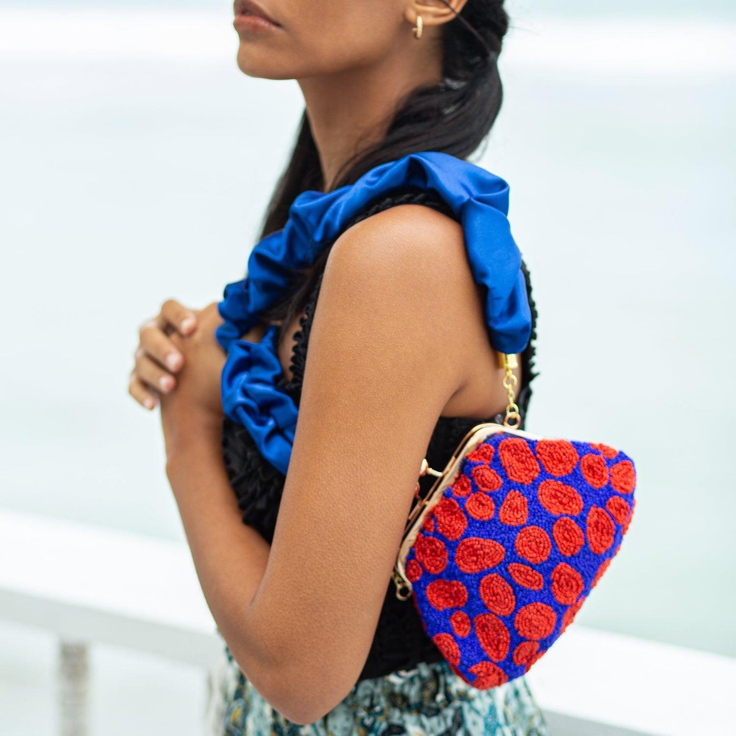 ARNOLDI Mandy Hand-beaded Clutch, in Savoy Blue & Red - The Higher Flower