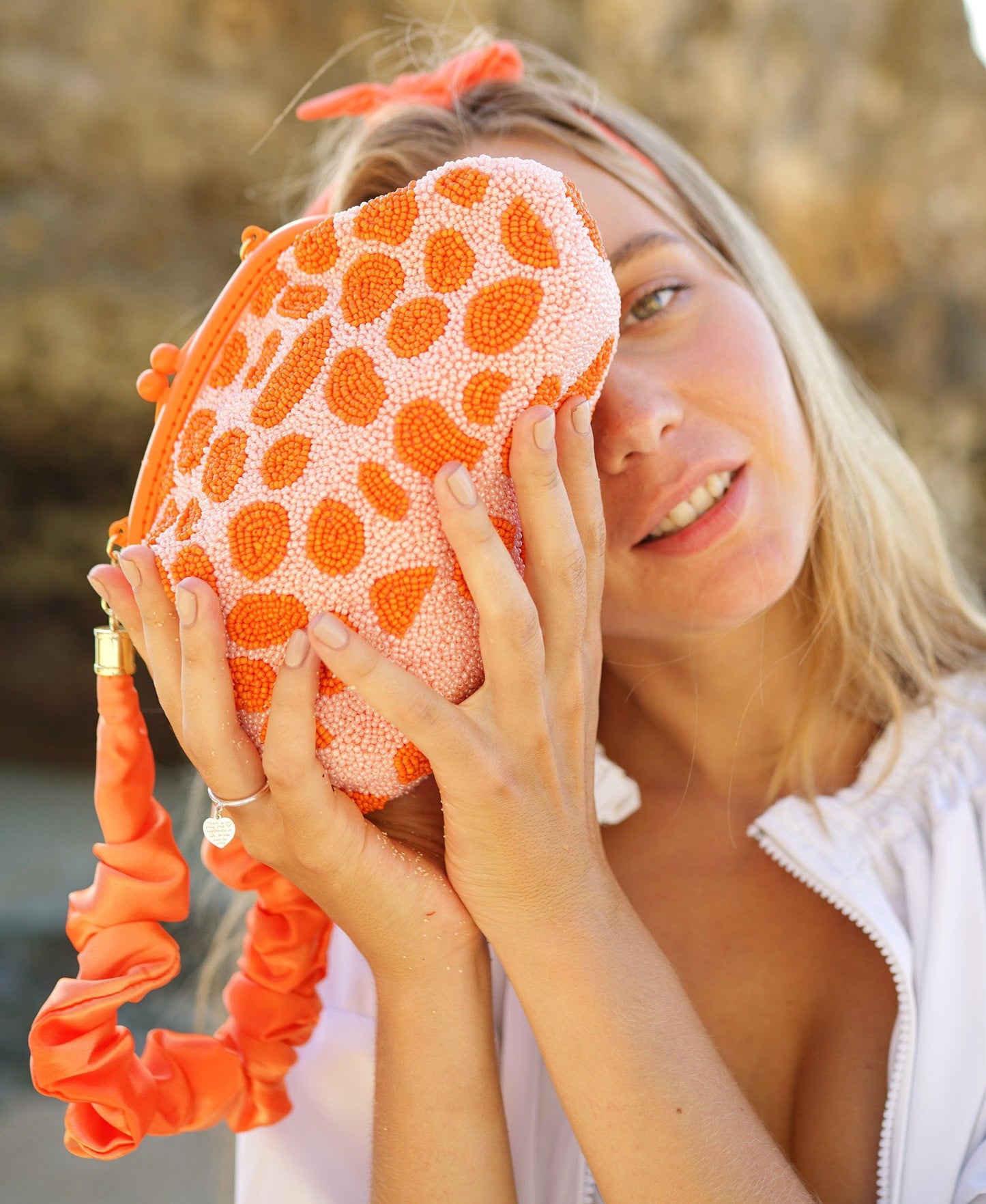 ARNOLDI PEACHPUFF Hand-beaded Clutch Bag In Orange & Peach - The Higher Flower