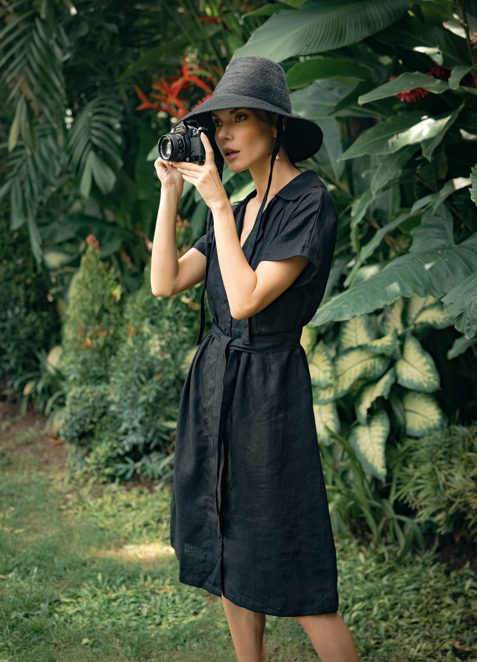 ARYA Safari Linen Midi Dress, in Black - The Higher Flower