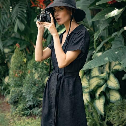 ARYA Safari Linen Midi Dress, in Black - The Higher Flower