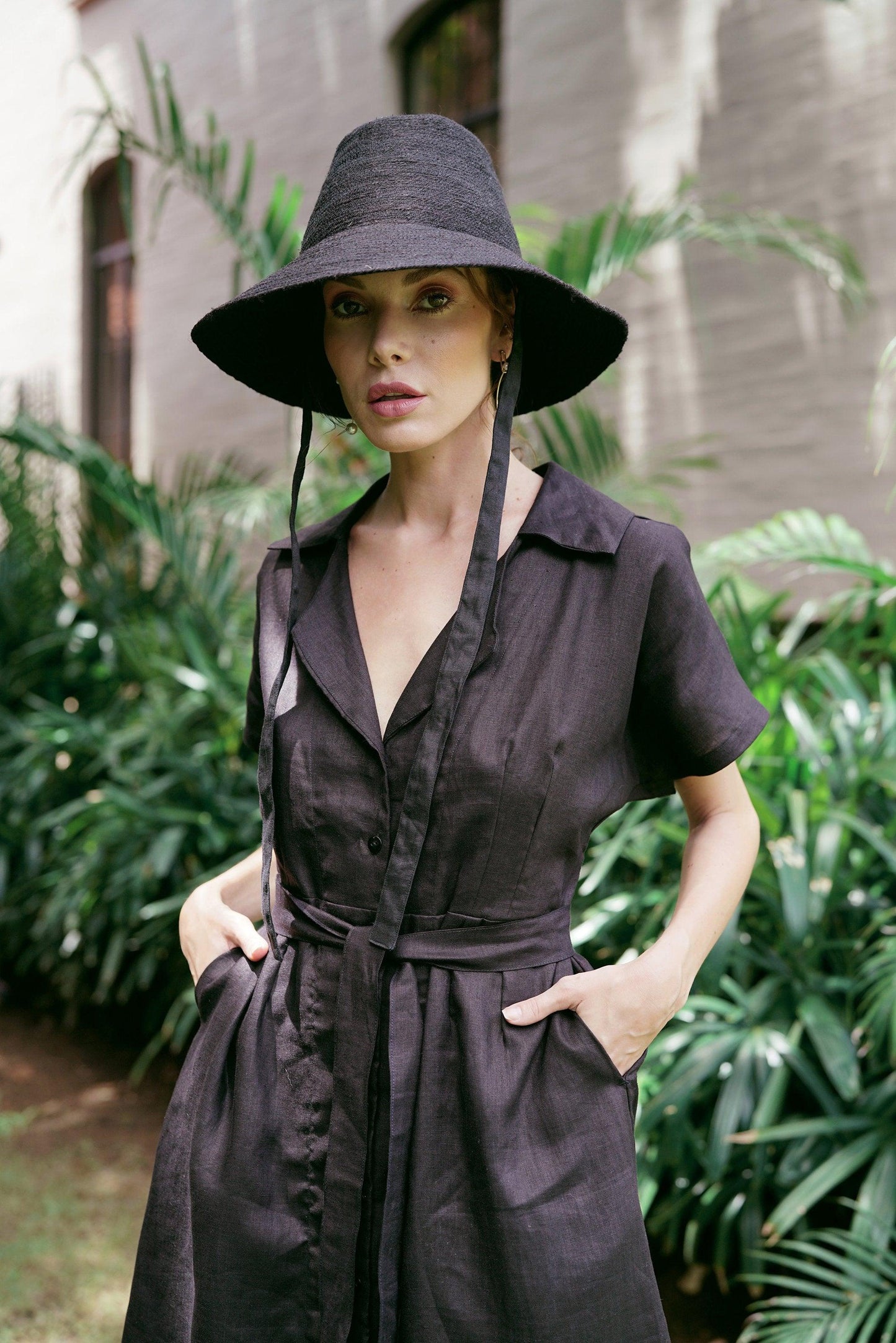 ARYA Safari Linen Midi Dress, in Black - The Higher Flower