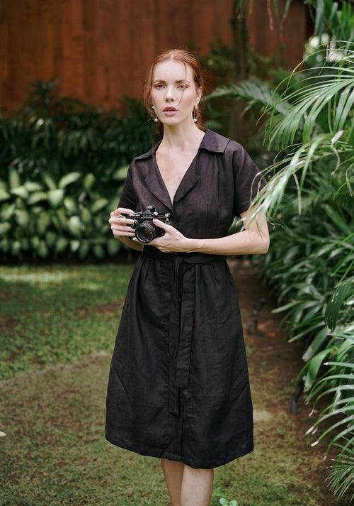 ARYA Safari Linen Midi Dress, in Black - The Higher Flower