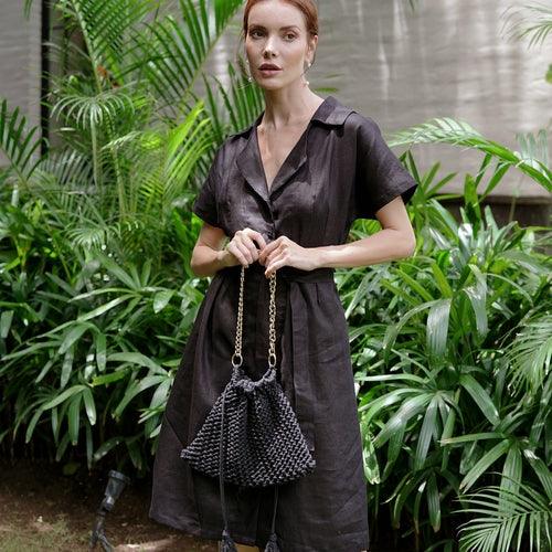 ARYA Safari Linen Midi Dress, in Black - The Higher Flower