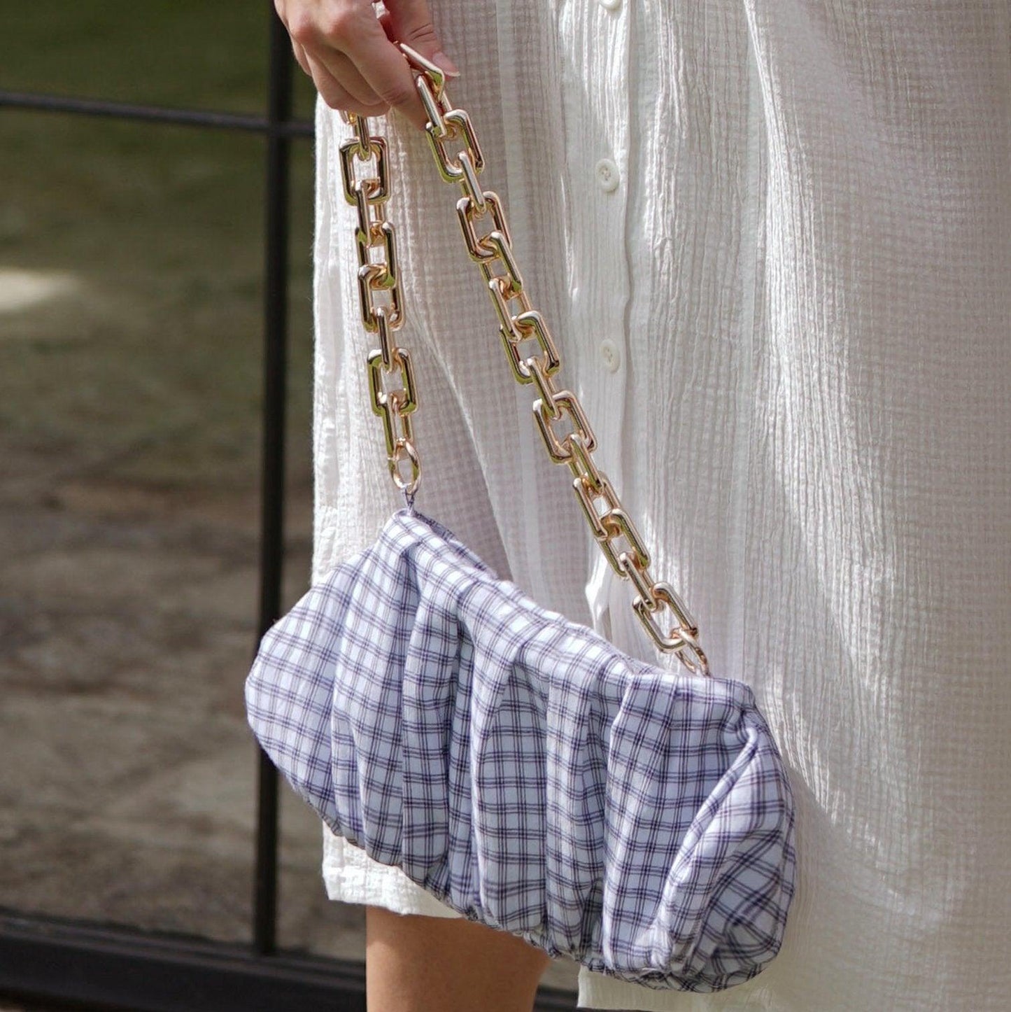 AWAN Ruffle Bag, in Navy Blue Gingham - The Higher Flower