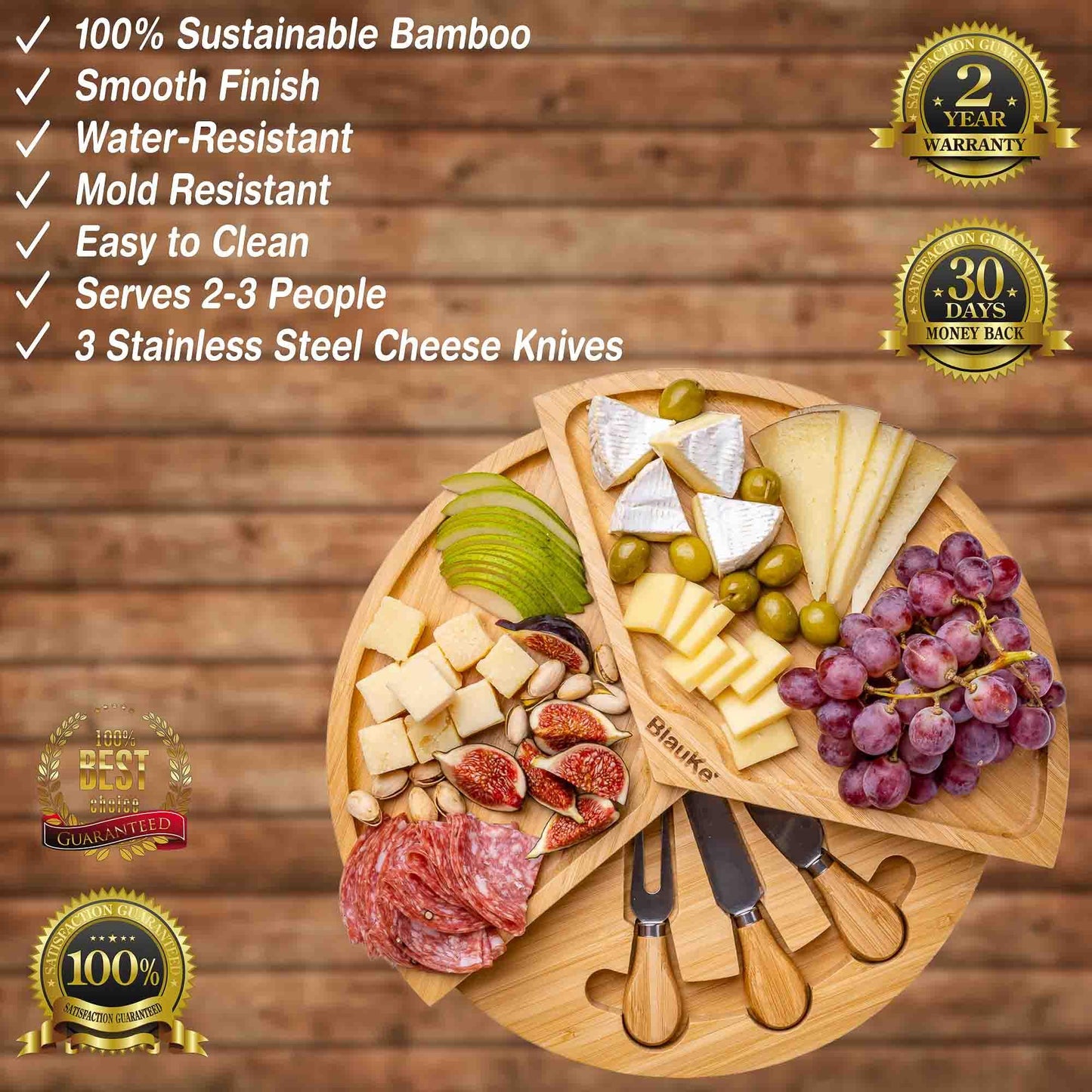 Bamboo Cheese Board and Knife Set - 14 Inch Charcuterie Board - The Higher Flower