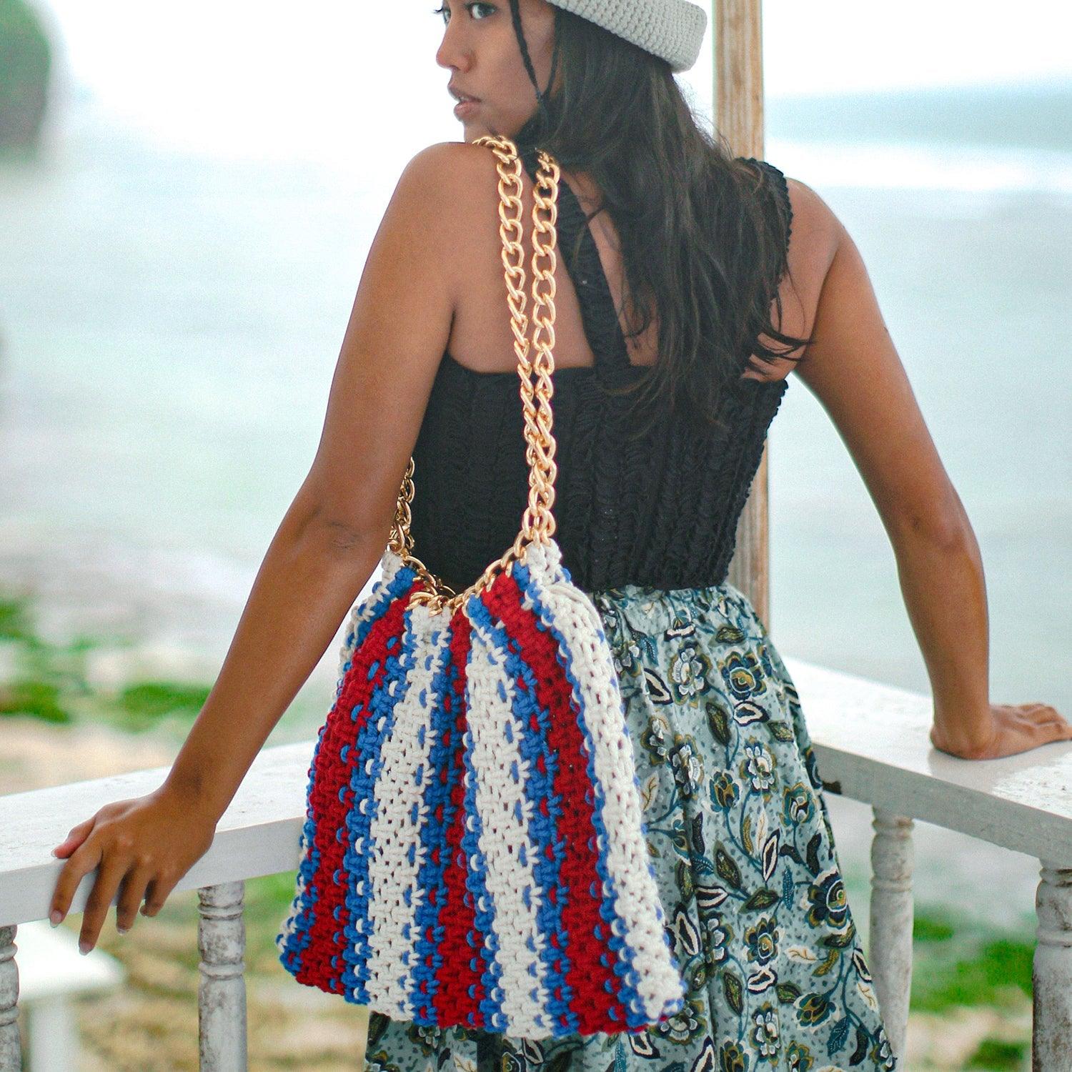 COLETTE Macrame Beach Bag In Red, White & Blue - The Higher Flower