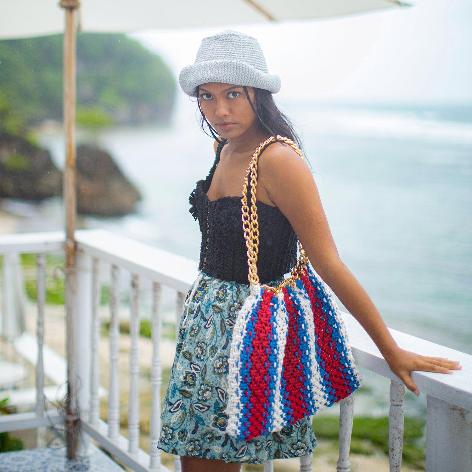 COLETTE Macrame Beach Bag In Red, White & Blue - The Higher Flower