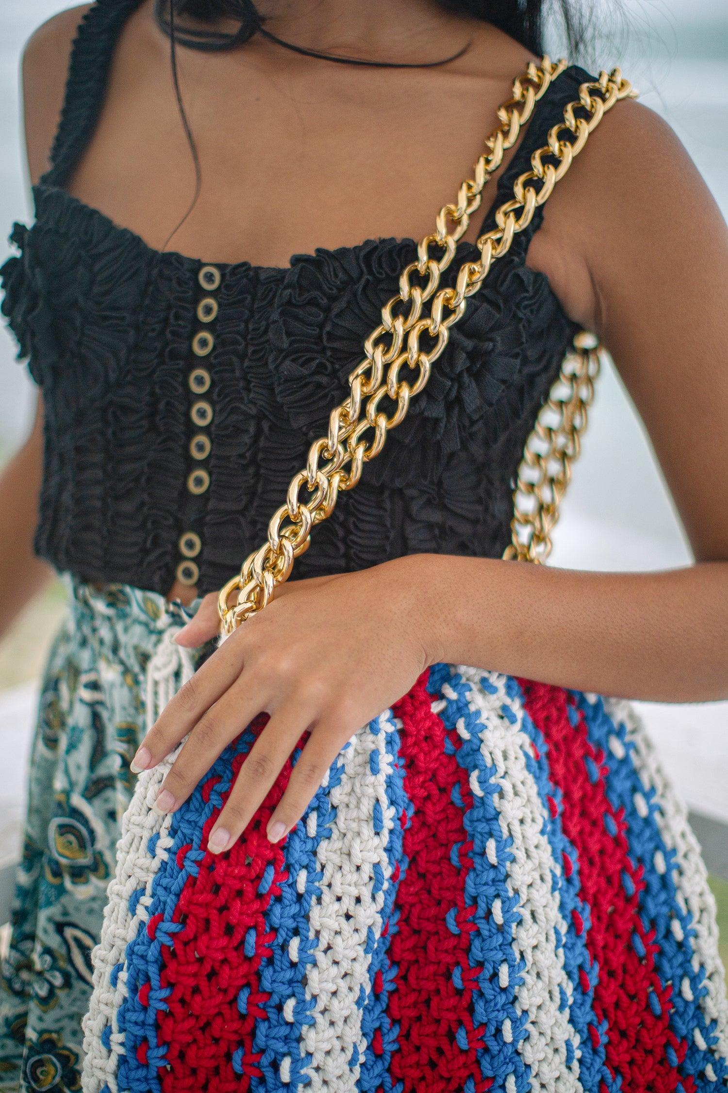 COLETTE Macrame Beach Bag In Red, White & Blue - The Higher Flower