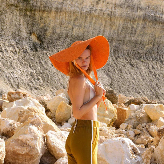 LOLA Wide Brim Jute Straw Hat In Orange - The Higher Flower