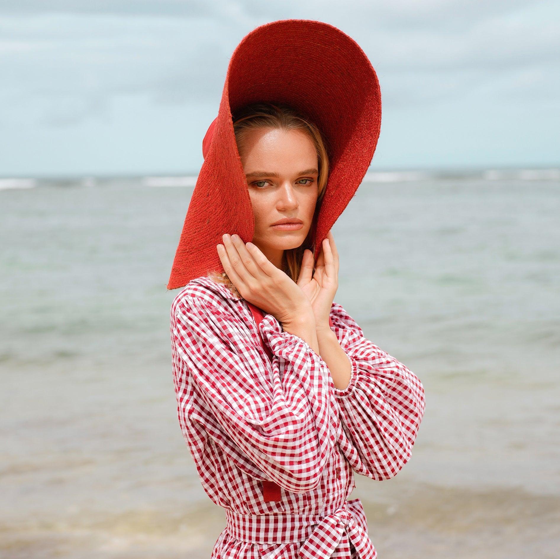 LOLA Wide Brim Jute Straw Hat In Red - The Higher Flower