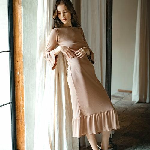 MARJORIE Ruffle Rib Dress, in Camel Brown - The Higher Flower