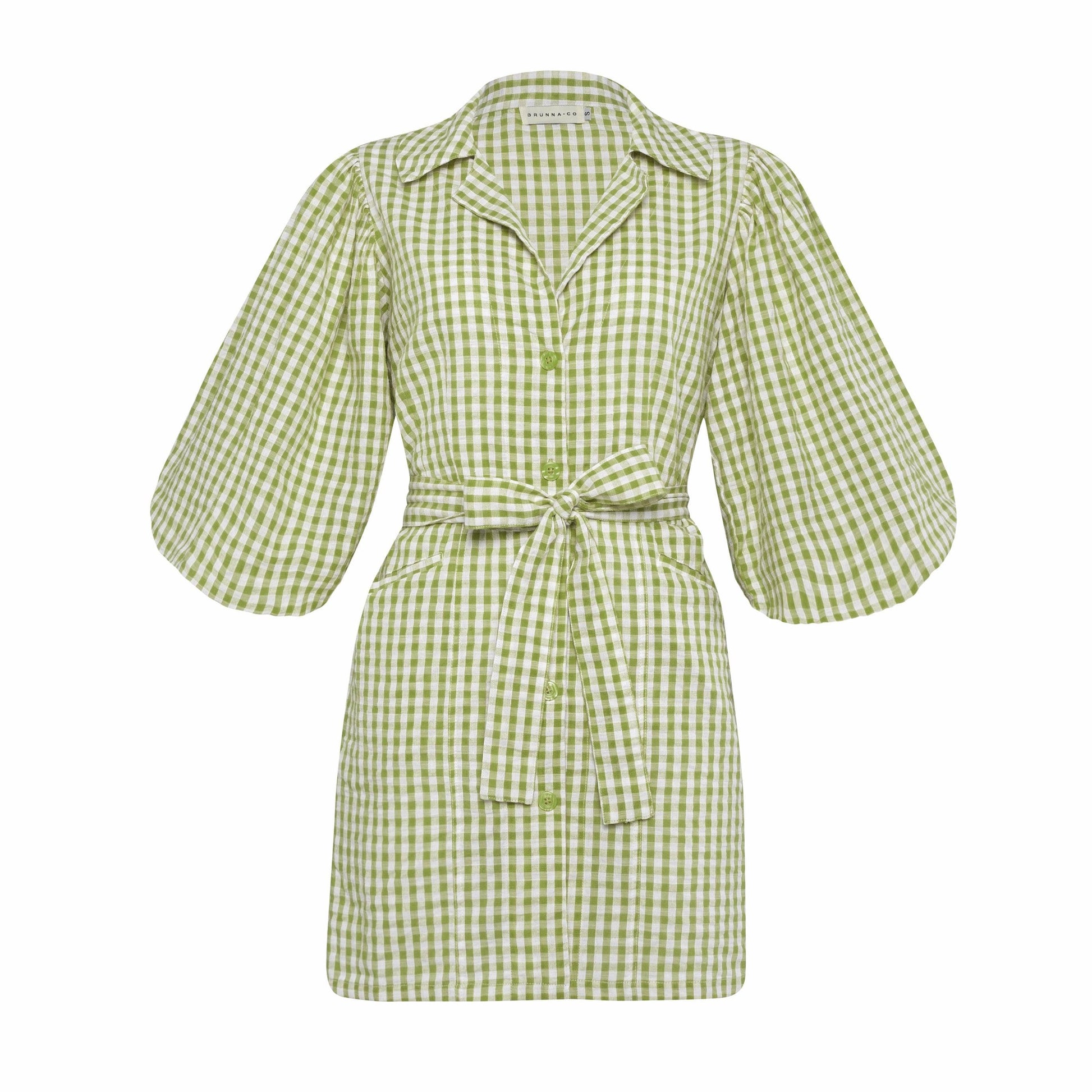 MEGHAN Mini Gingham Dress, in Olive Green - The Higher Flower