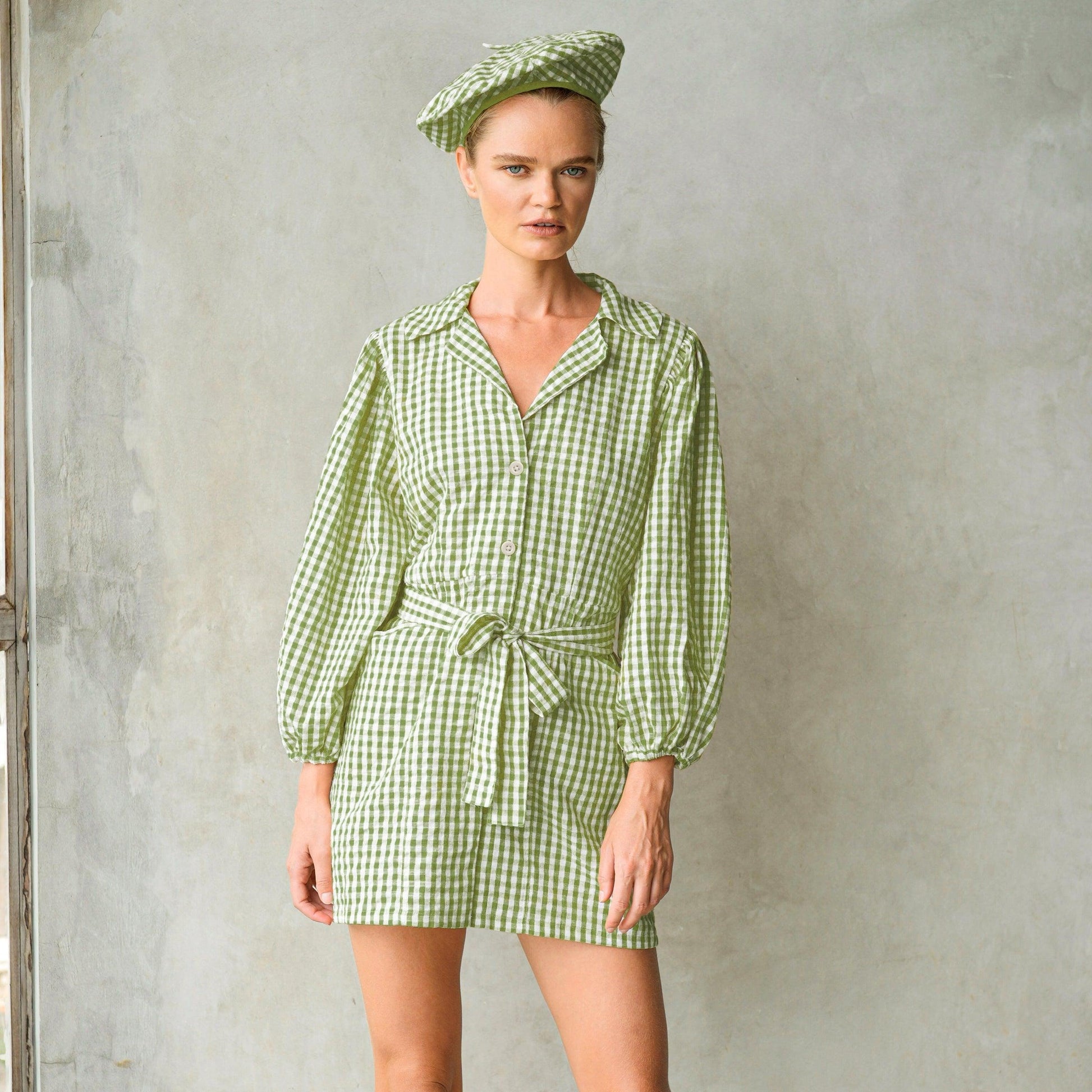 MEGHAN Mini Gingham Dress, in Olive Green - The Higher Flower