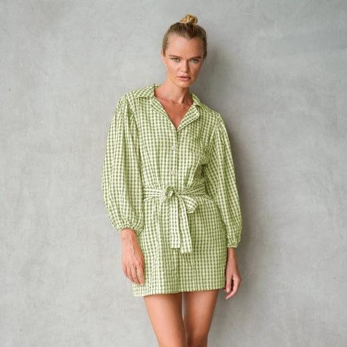 MEGHAN Mini Gingham Dress, in Olive Green - The Higher Flower