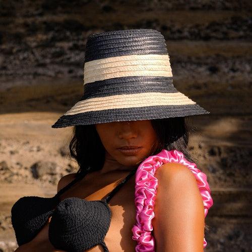 NONA Striped Bucket Palm Straw Hat, in Black and Natural - The Higher Flower