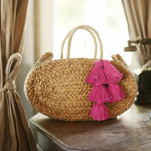 Oval Luna Straw Tote Bag - with Fuschia Pink Tassels - The Higher Flower