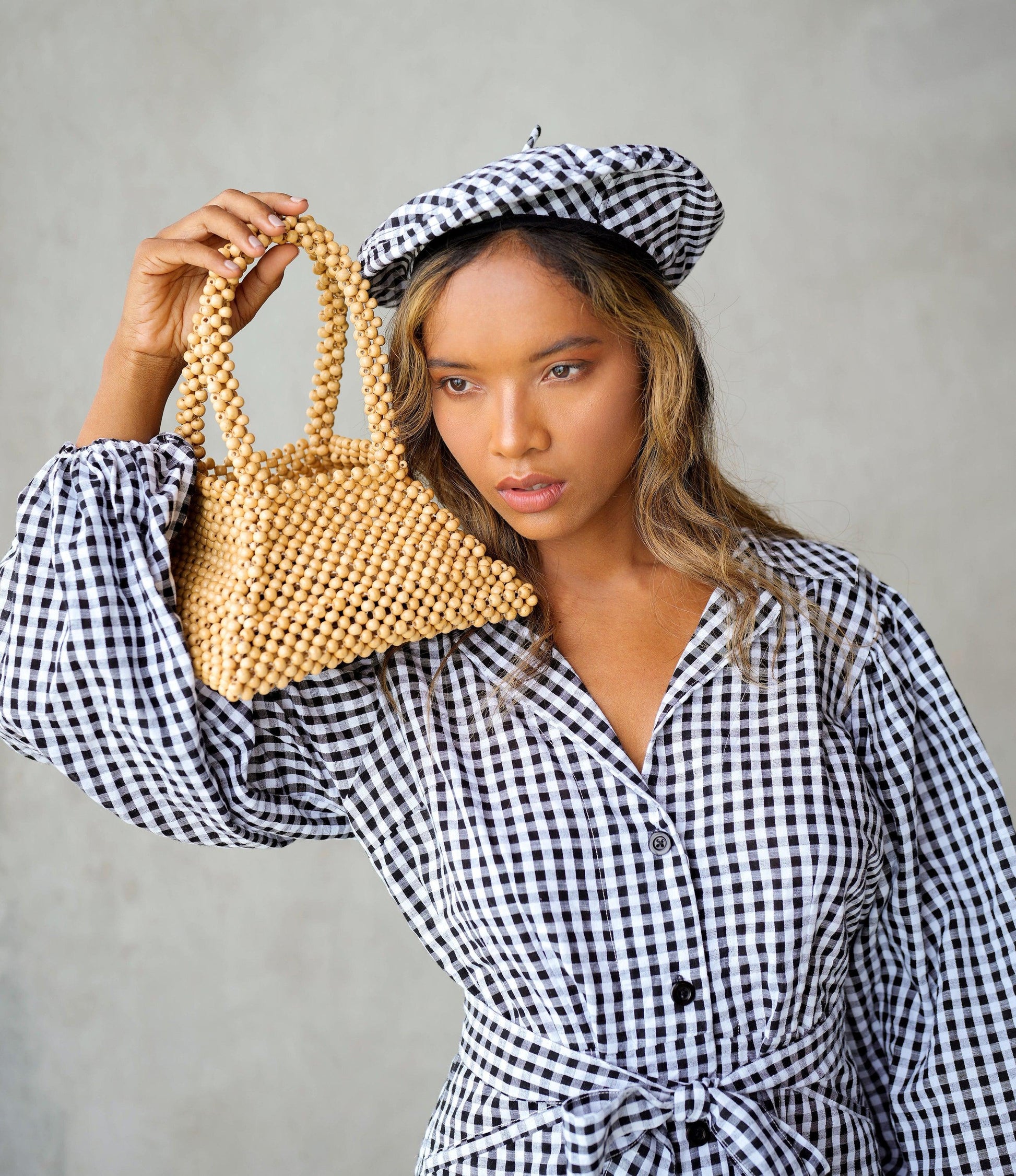 Pyramid Beaded Tote Bag in Toasted Beige - The Higher Flower