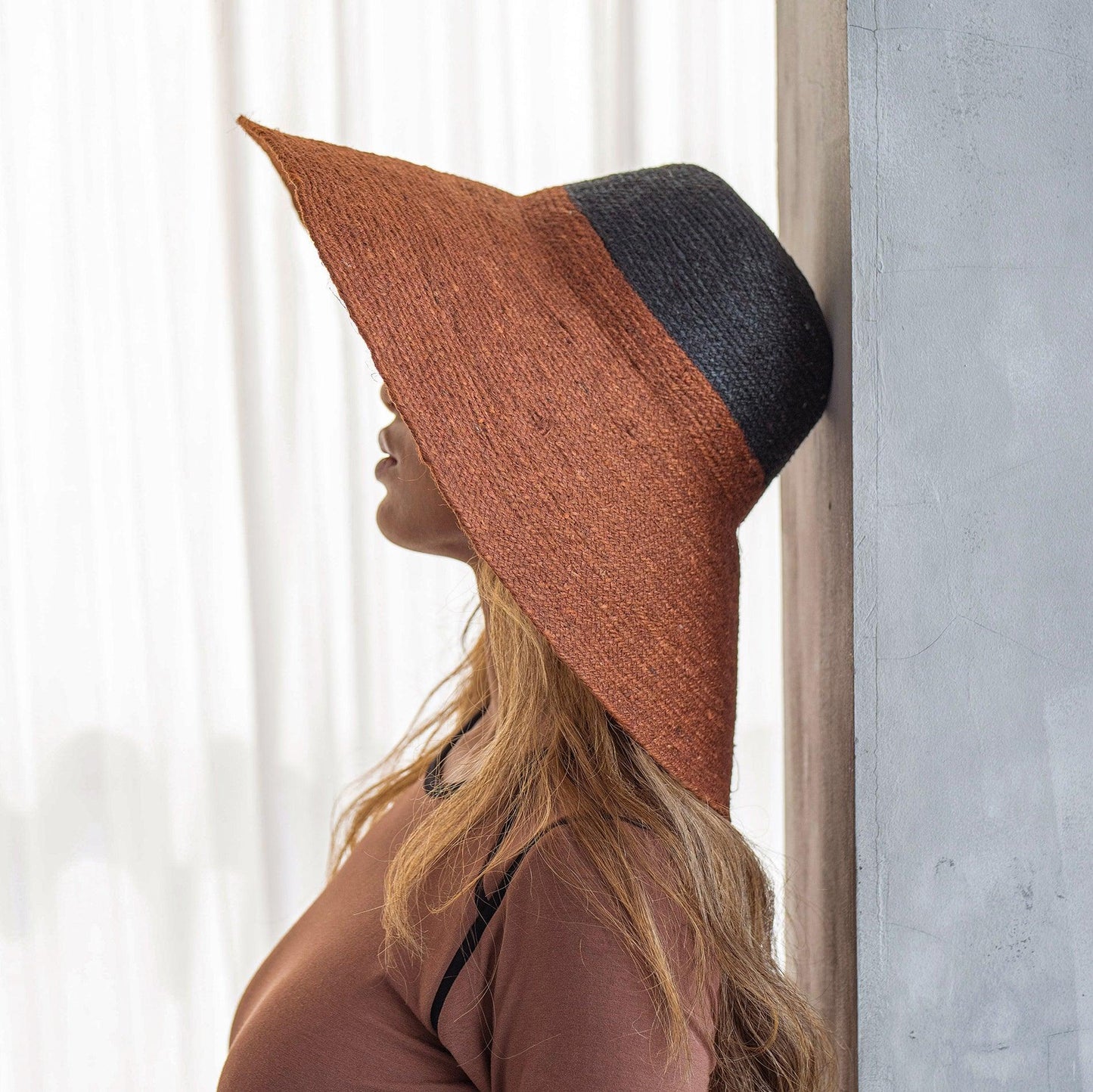 RIRI DUO Jute Handwoven Straw Hat in Burnt Sienna & Black - The Higher Flower