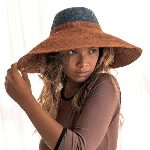 RIRI DUO Jute Handwoven Straw Hat in Burnt Sienna & Black - The Higher Flower