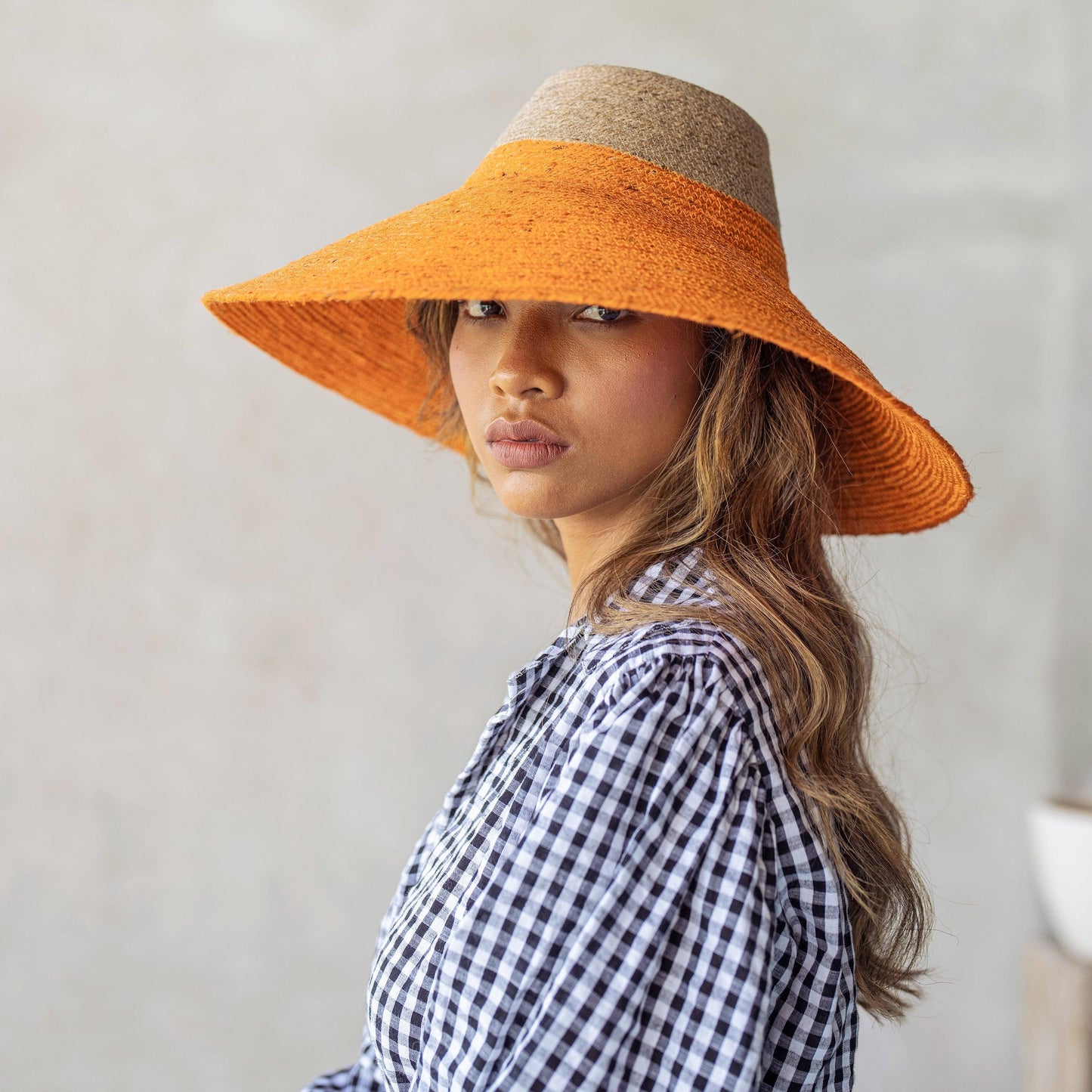 RIRI Duo Jute Handwoven Straw Hat In Tangerine Orange - The Higher Flower