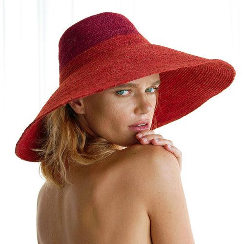 RIRI Duo Jute Handwoven Straw Hat In Red & Maroon - The Higher Flower