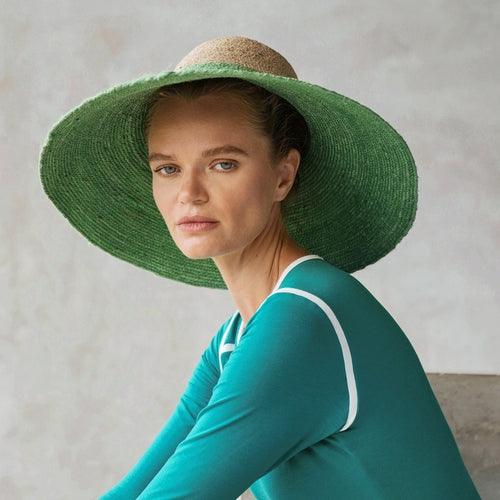 RIRI Duo Jute Handwoven Straw Hat In Natural & Kelly Green - The Higher Flower