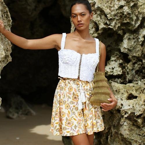 SEKAR Floral Batik Skorts In Marigold Yellow - The Higher Flower