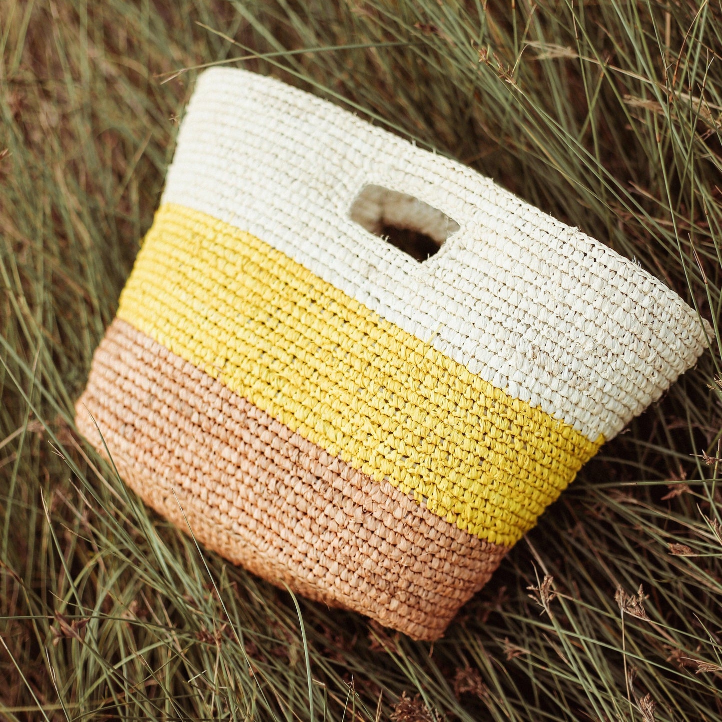 Sayan Raffia Tote Bag, in Yellow & Beige - The Higher Flower