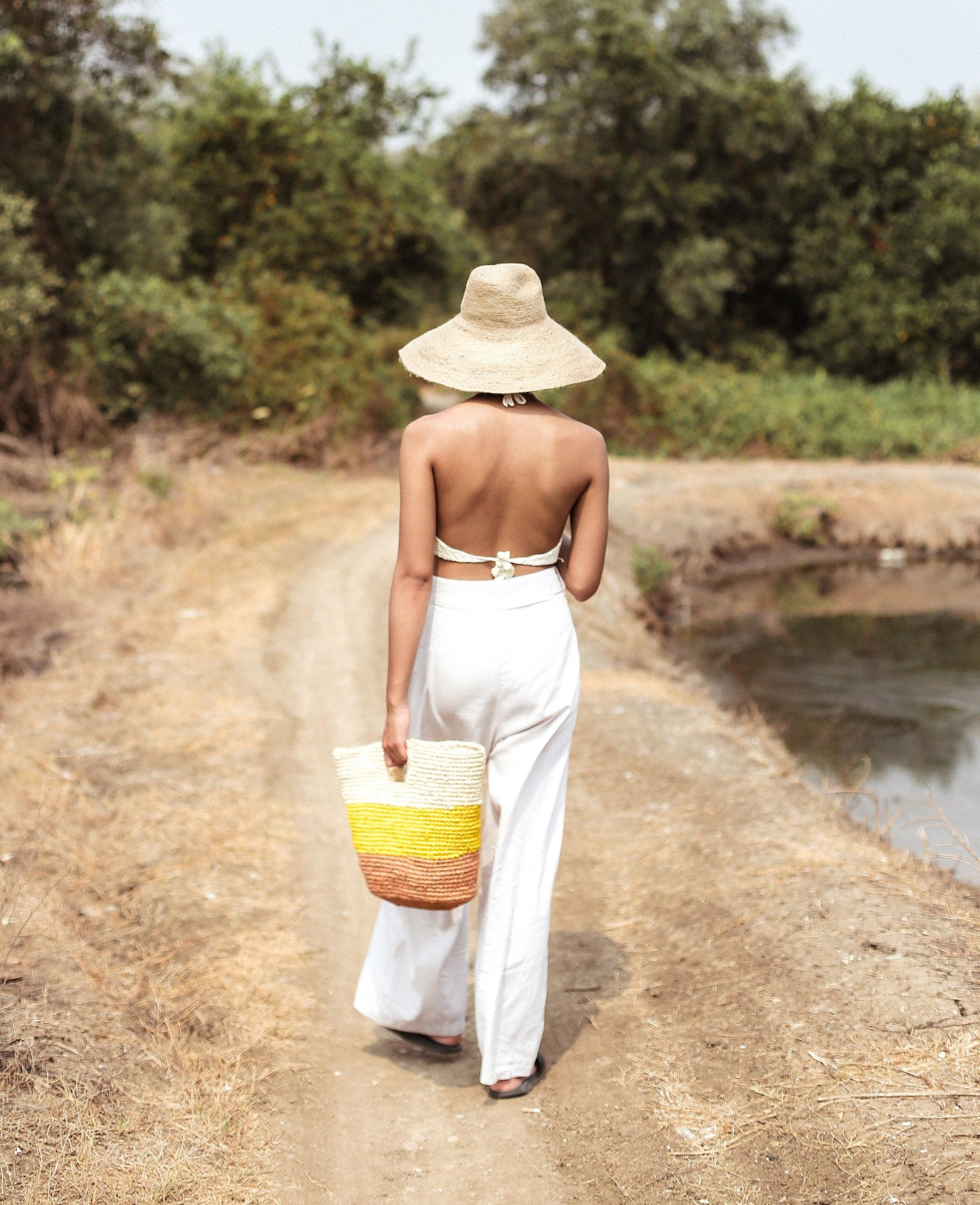 Sayan Raffia Tote Bag, in Yellow & Beige - The Higher Flower