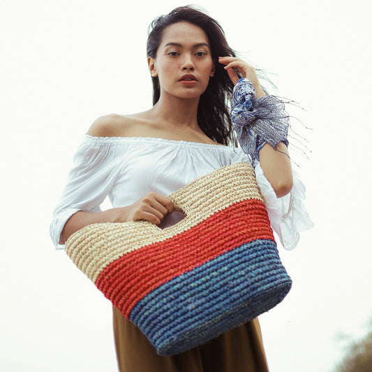 SAYAN Raffia Tote Bag, in Red & Blue - The Higher Flower