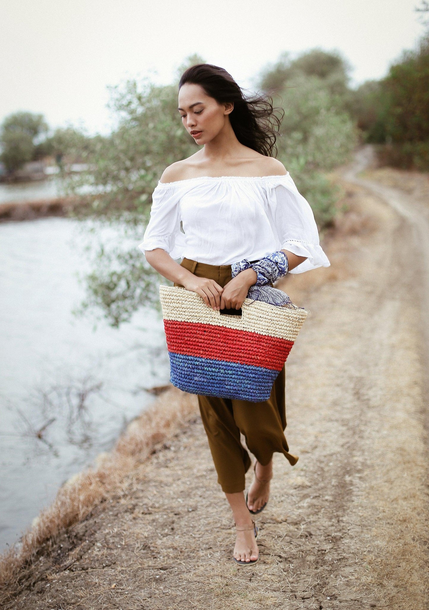 SAYAN Raffia Tote Bag, in Red & Blue - The Higher Flower