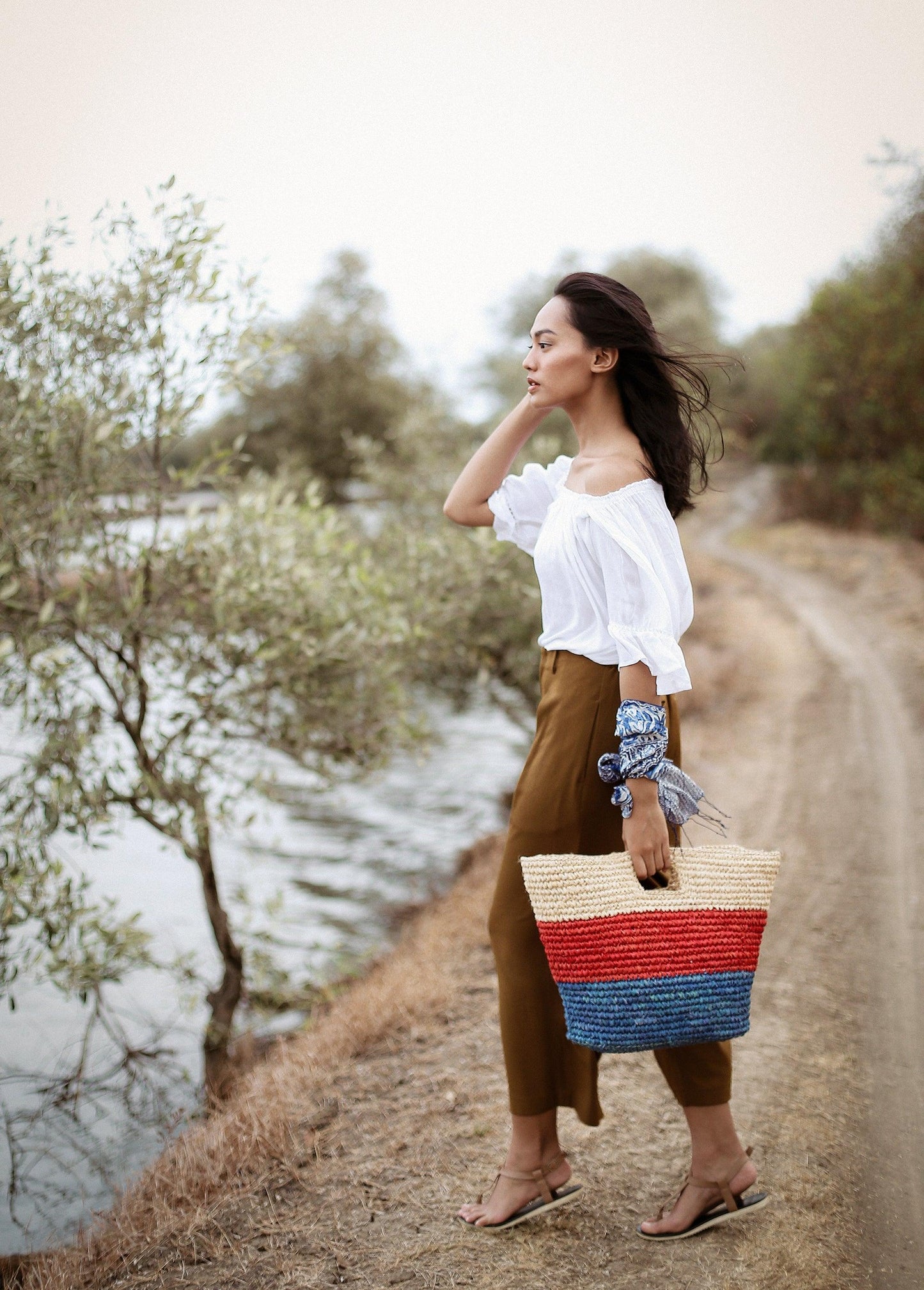 SAYAN Raffia Tote Bag, in Red & Blue - The Higher Flower