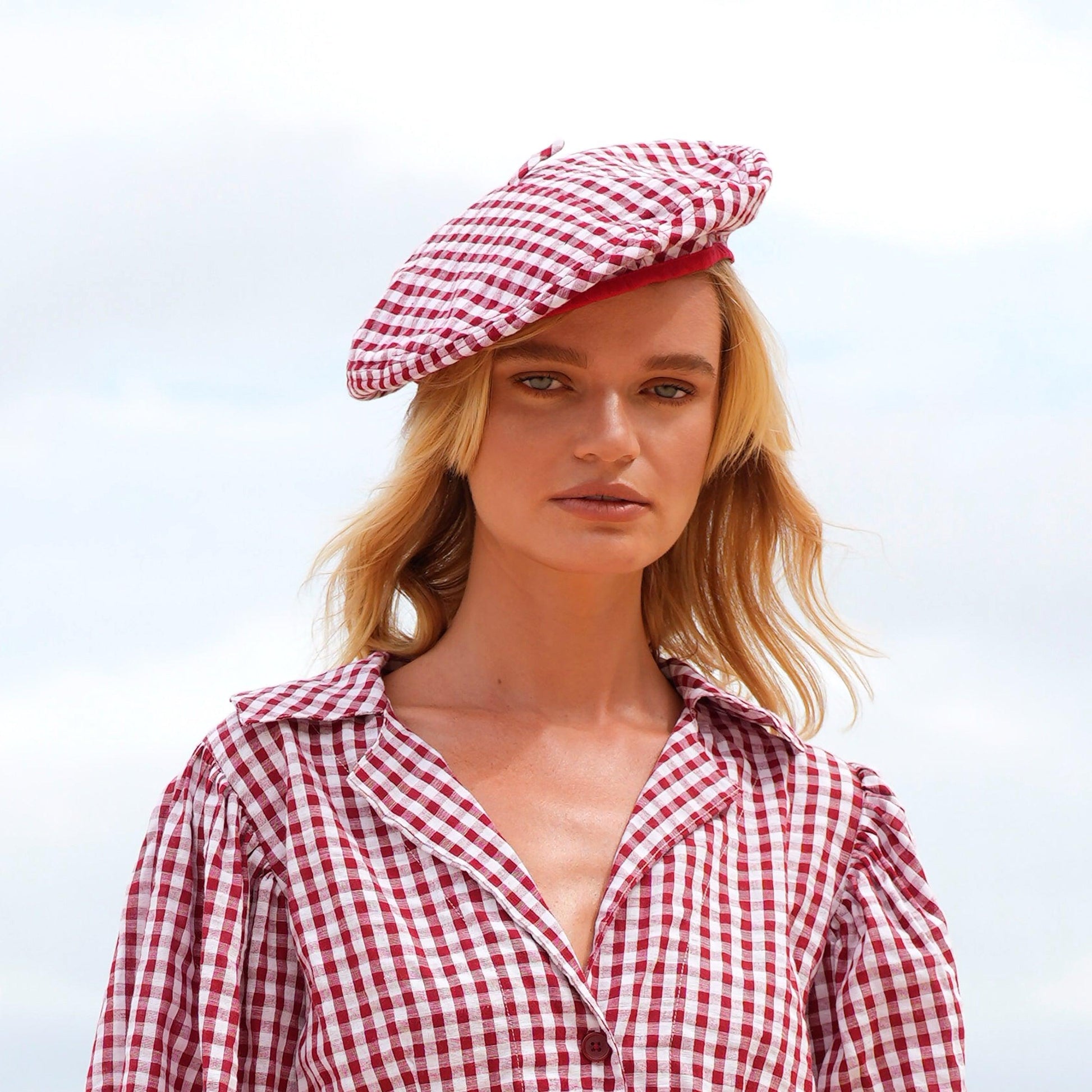 SIMONE Gingham Beret Hat In Red - The Higher Flower