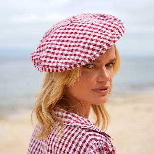 SIMONE Gingham Beret Hat In Red - The Higher Flower