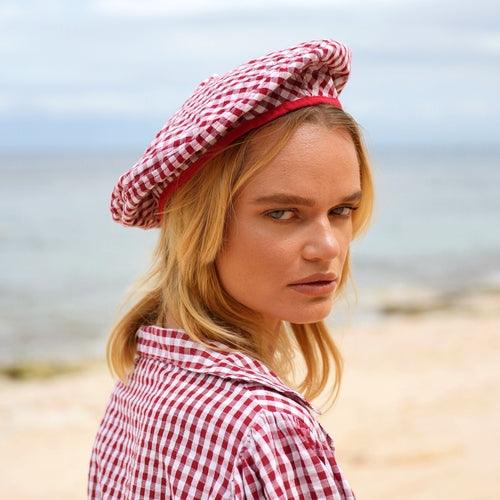 SIMONE Gingham Beret Hat In Red - The Higher Flower