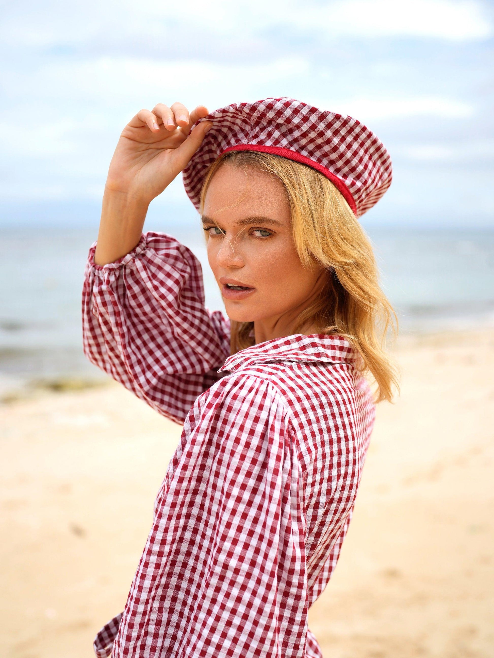 SIMONE Gingham Beret Hat In Red - The Higher Flower