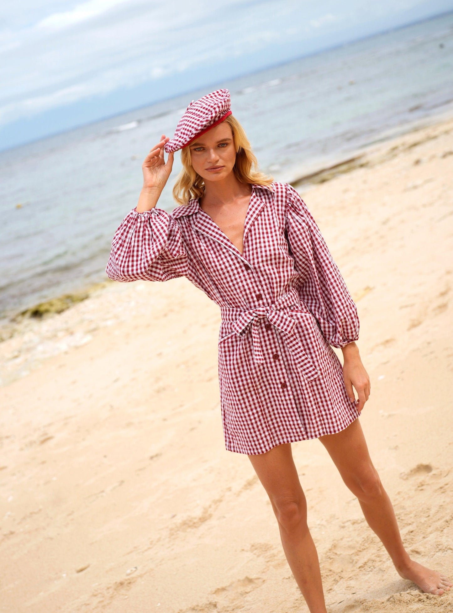 SIMONE Gingham Beret Hat In Red - The Higher Flower