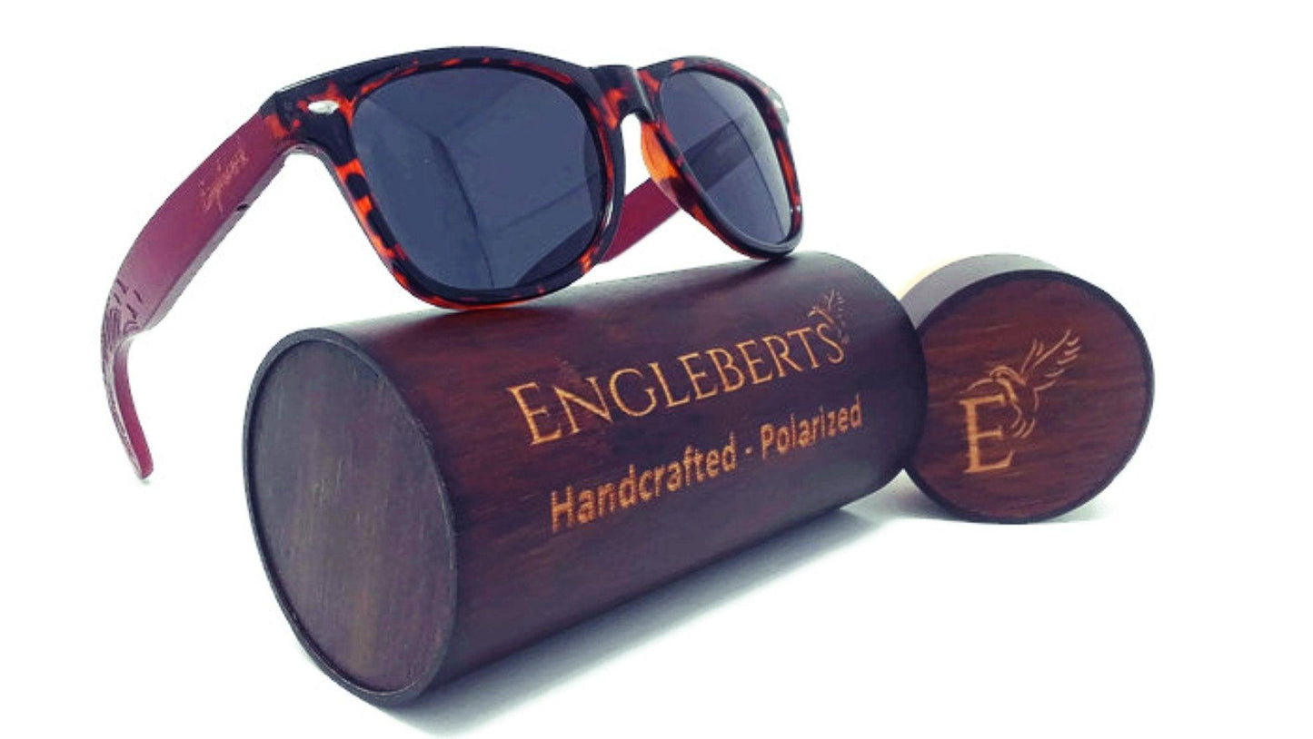 Red Bamboo Tortoise Framed Sunglasses With Wood Case, Artisan Engraved - The Higher Flower