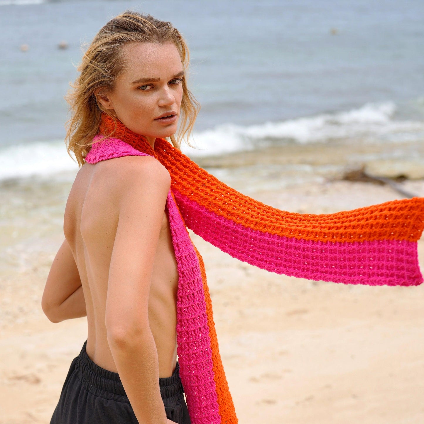 WAFFLE Crochet Scarf in Candy Pink & Tangerine Orange - The Higher Flower