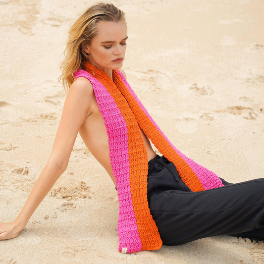 WAFFLE Crochet Scarf in Candy Pink & Tangerine Orange - The Higher Flower