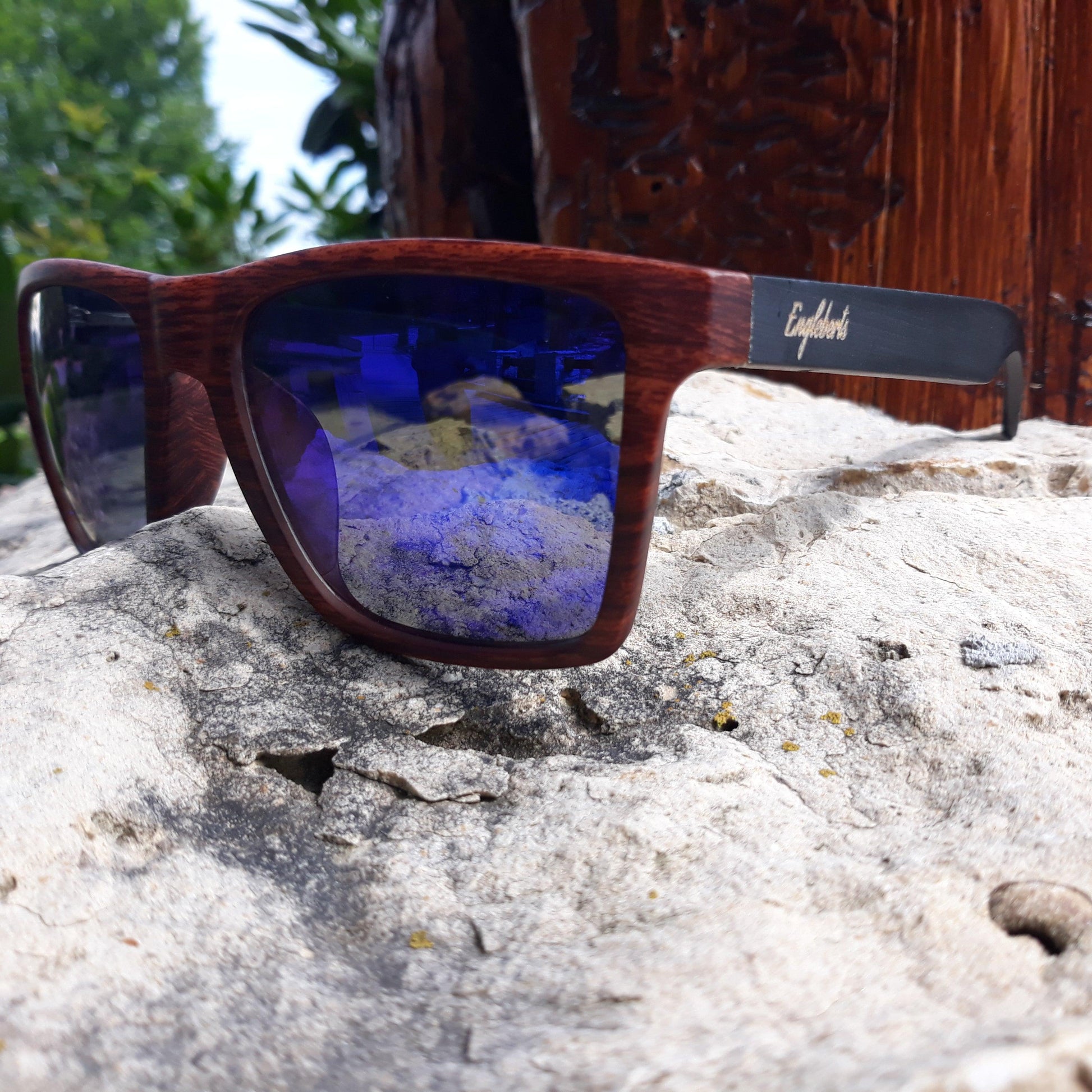 Oak Colored Frames, Bamboo Sunglasses, Blue Polarized Lenses - The Higher Flower