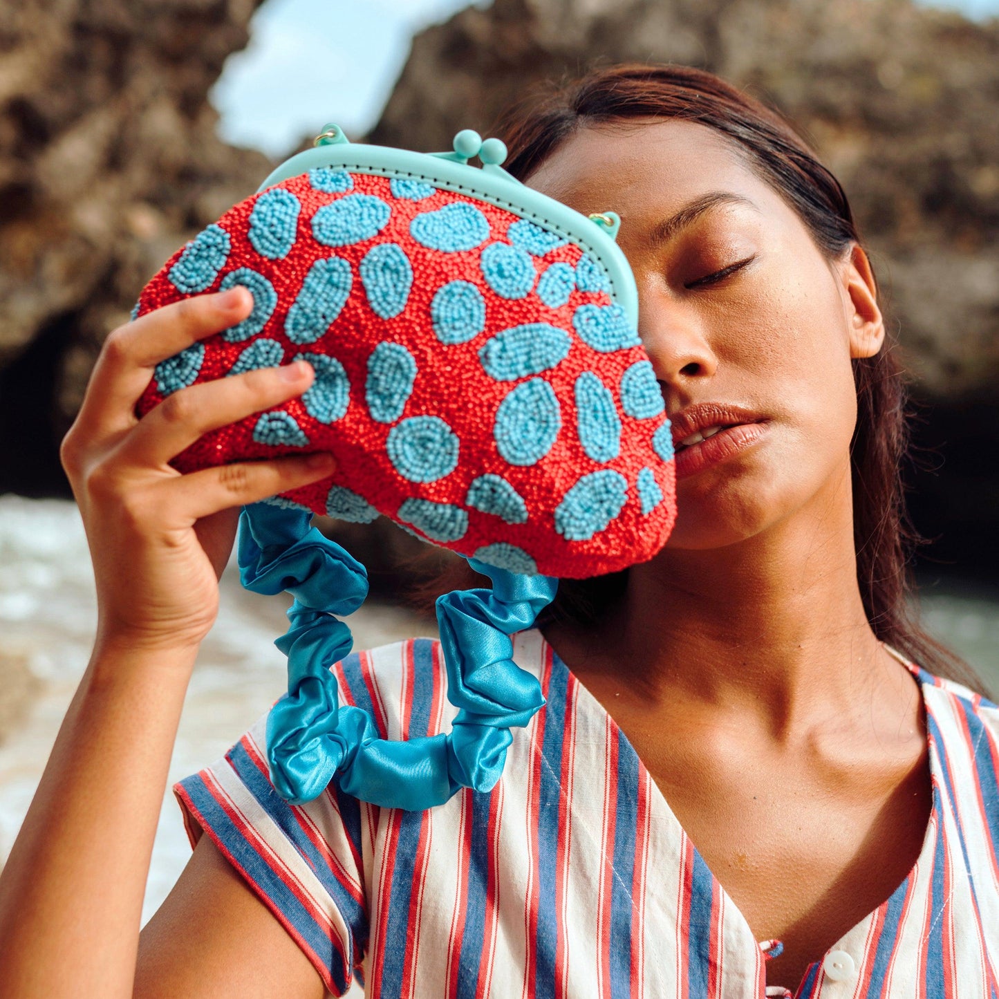 ARNOLDI ARIELA Hand-beaded Clutch, in Red & Turquoise - The Higher Flower