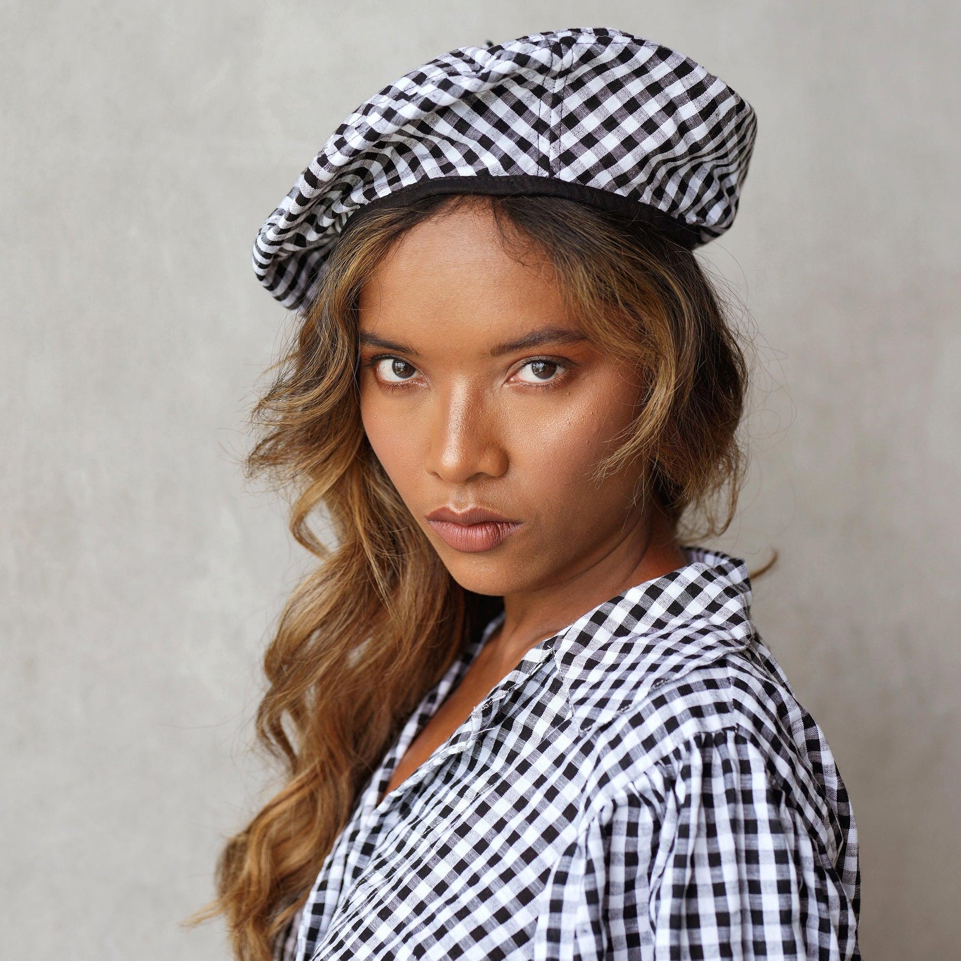 SIMONE Gingham Beret Hat In Black - The Higher Flower