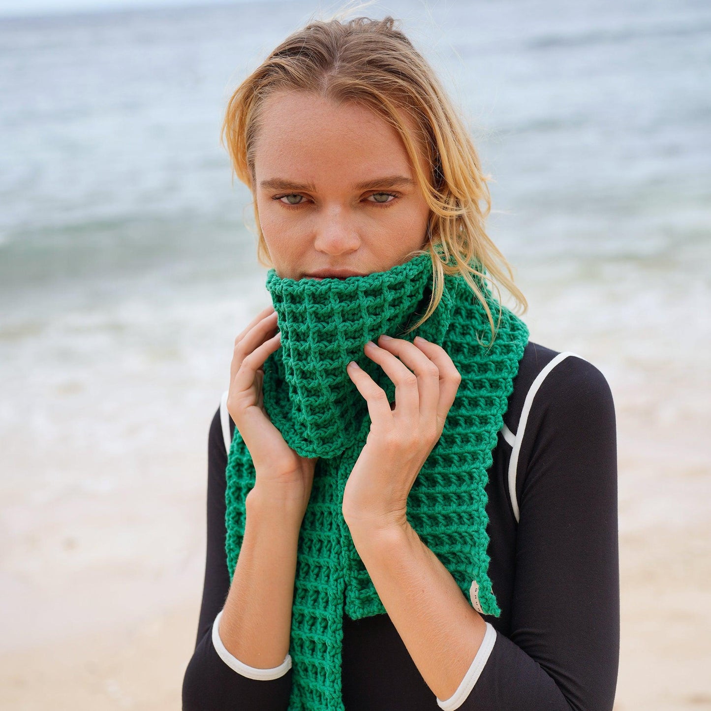 WAFFLE Crochet Scarf in Green - The Higher Flower