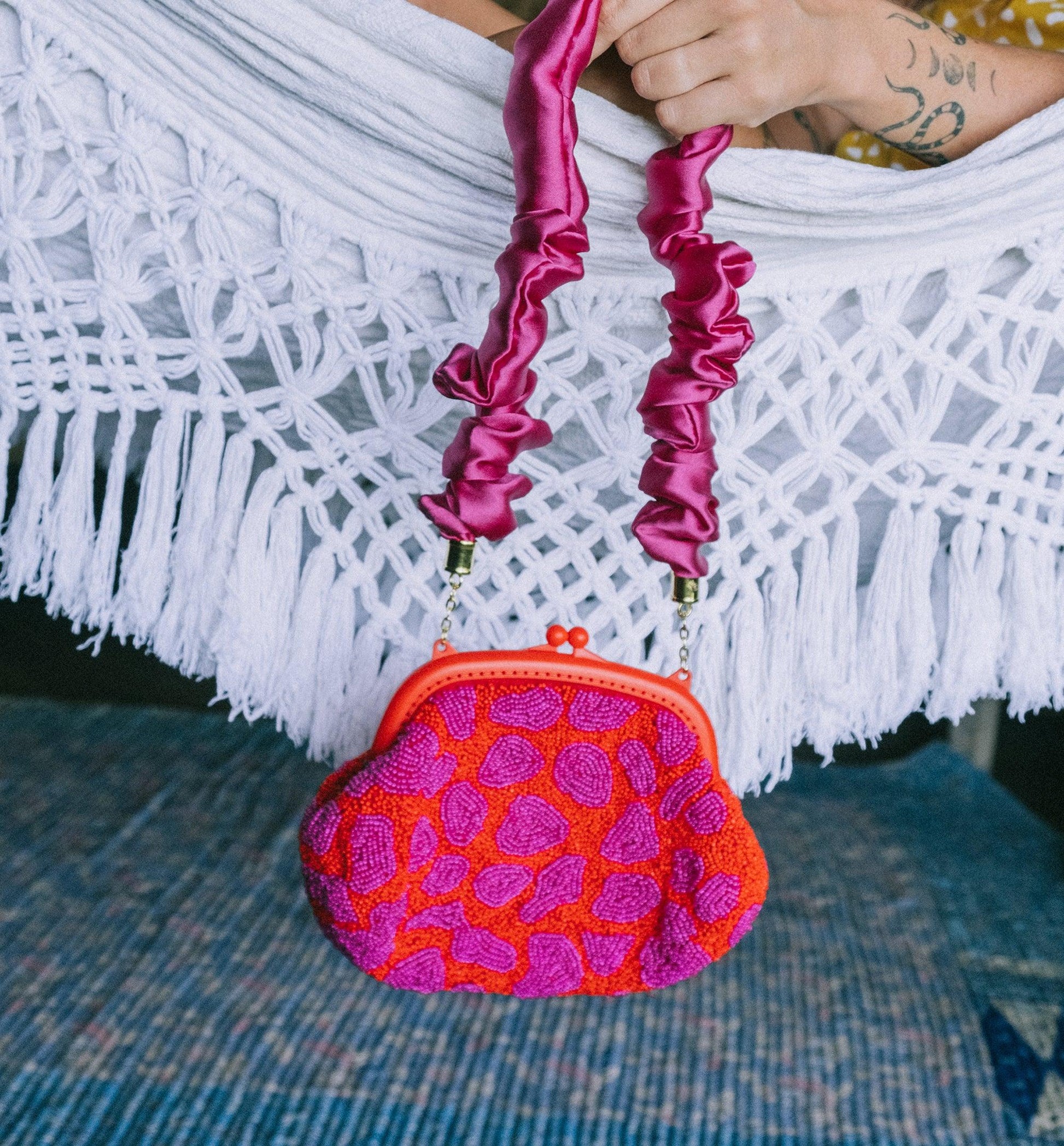 ARNOLDI JEAN Hand-beaded Clutch, in Red & Pink - The Higher Flower