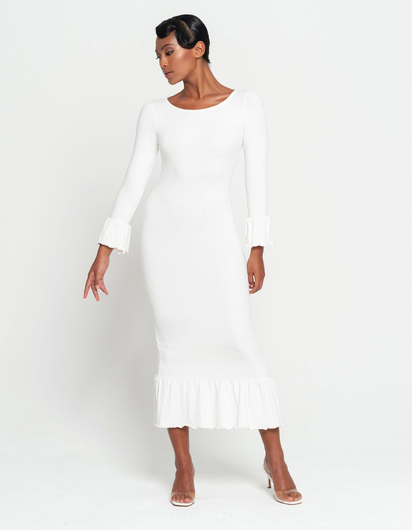 MARJORIE Bamboo Ruffle Dress In Off-white - The Higher Flower